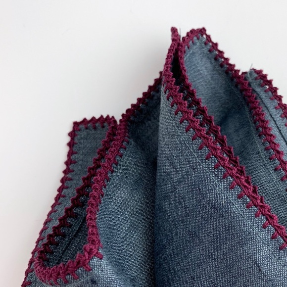 Steel Blue w/ Burgundy Crocheted Pocket Square & Lapel Flower Set - Picture 2 of 3